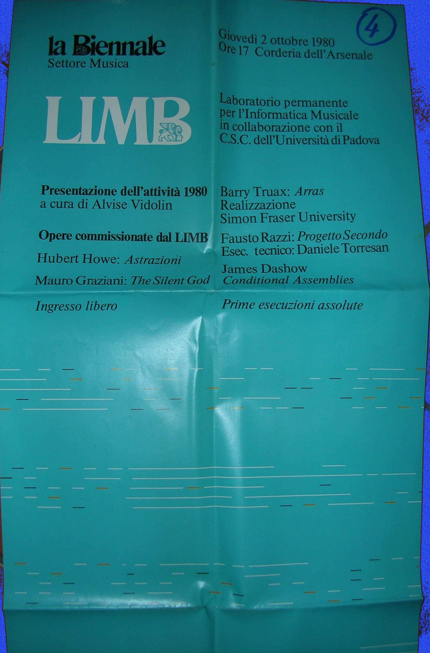 1980 BIENNALE MUSICA - COMPUTER AIDED CREATION "PROGETTO II" COMPOSITOR FAUSTO RAZZI